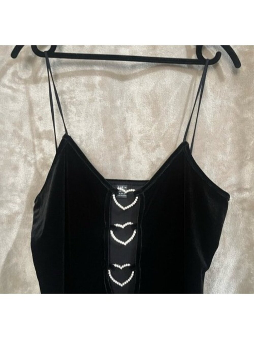 SHEIN Black Velvet Mini Sexy Rhinestone Heart Cutouts Spaghetti Straps Dress - Picture 11 of 16
